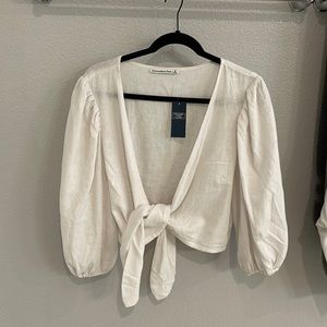 Cropped linen tie front blouse